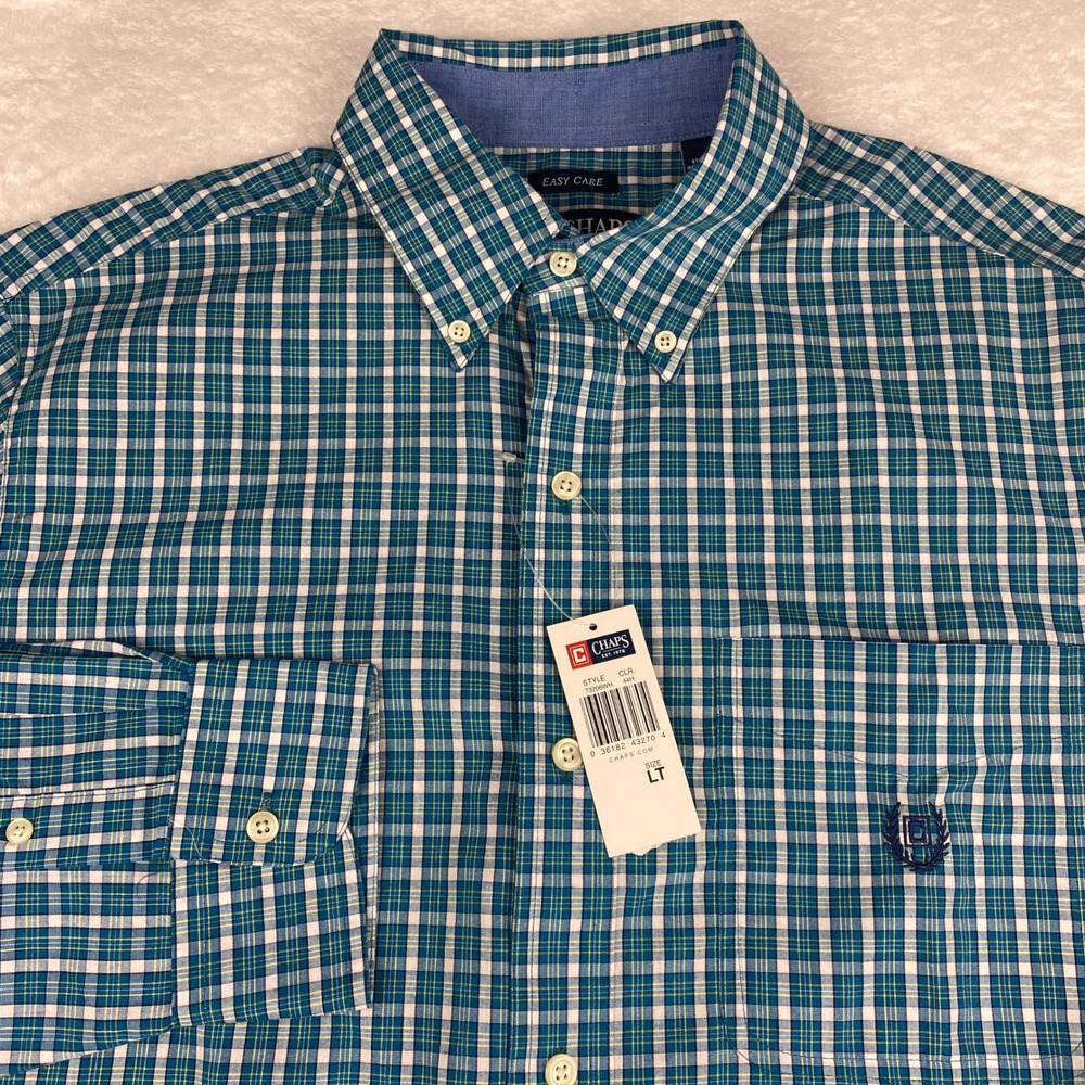 Chaps Mens Easy Care Plaid Button Down Shirt Blue Green White LT NWT